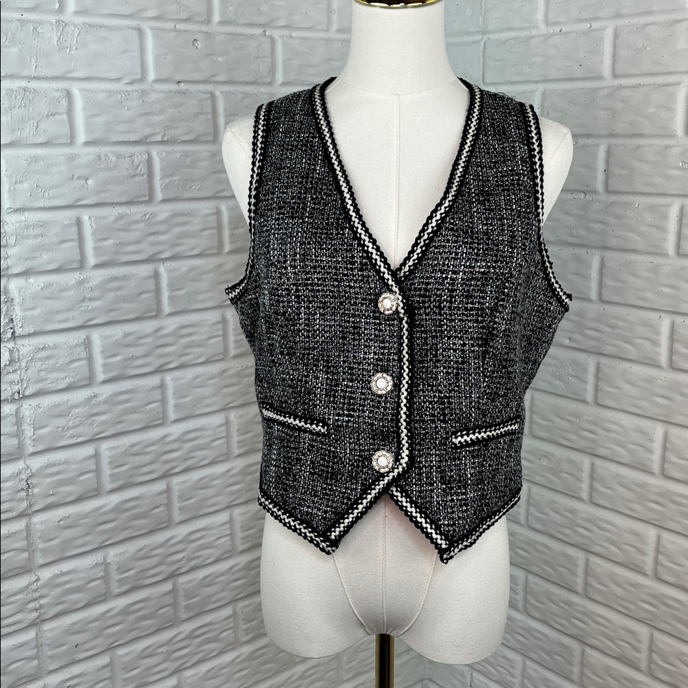 CIDER VEST TWEED BLACK WHITE SILVER 3 Button and Lined SZ Lg